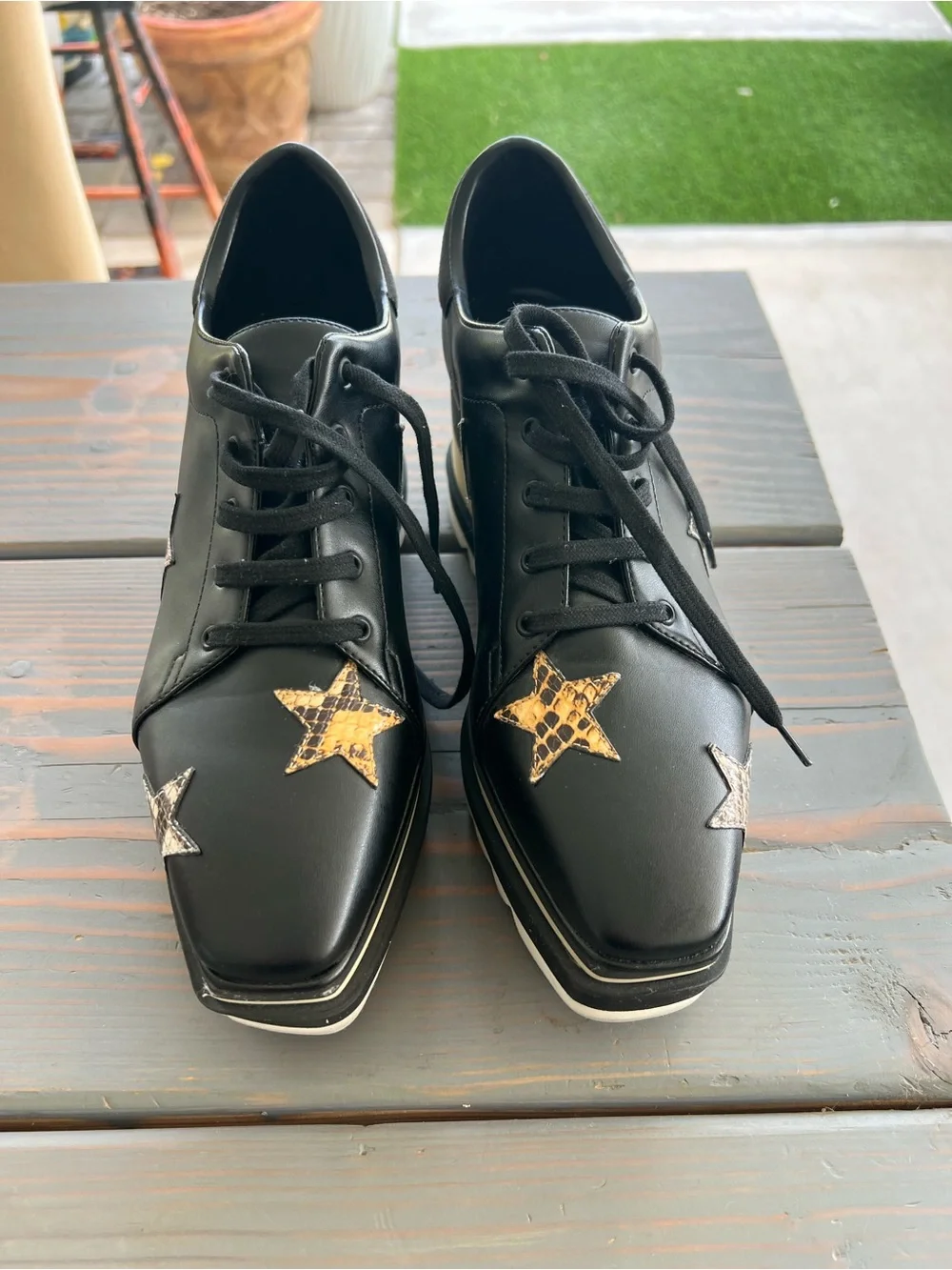 Stella McCartney Black Platform Lace-Up Sneakers with Star Appliqués